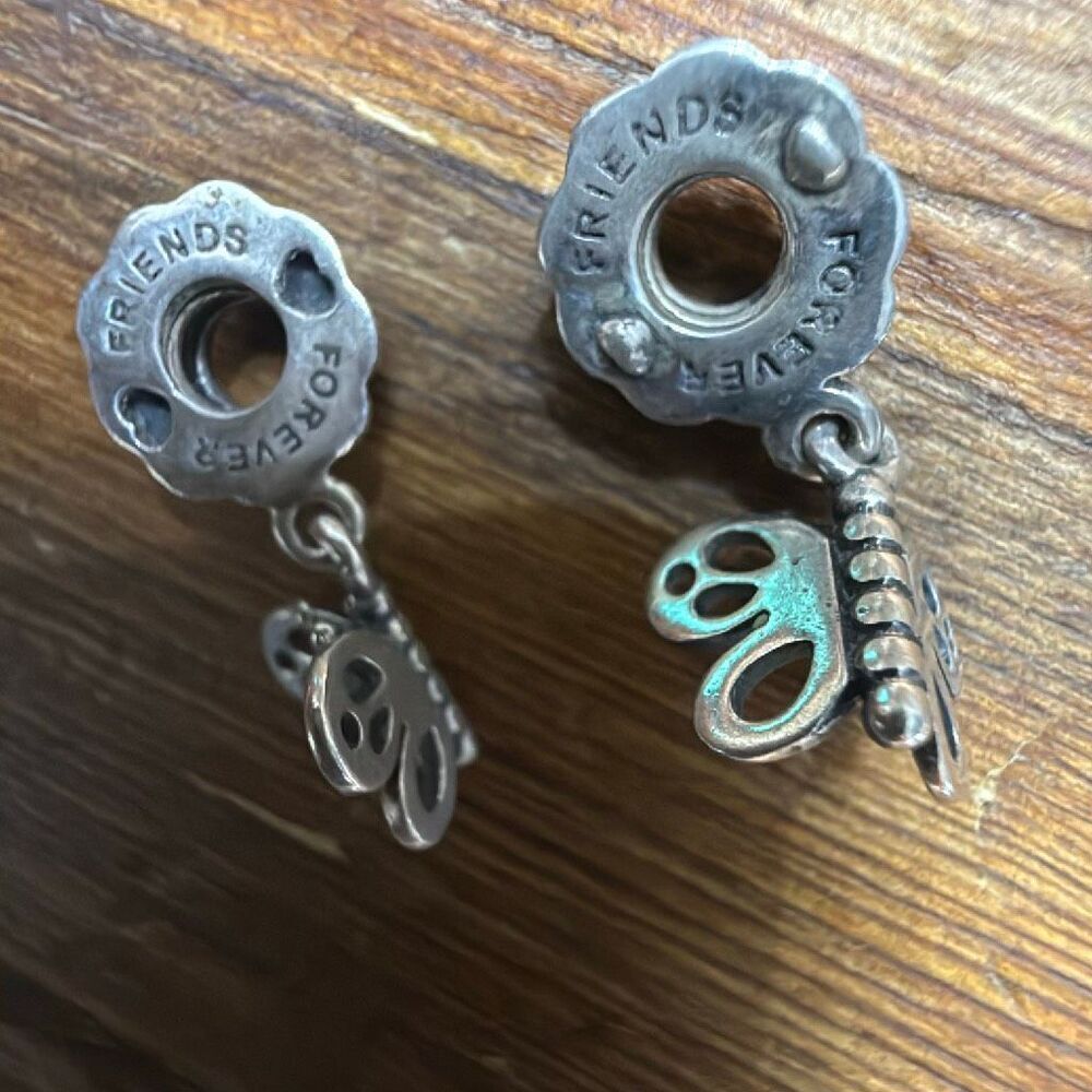 Vintage Sterling Silver Pandora "Friends Forever" Butterfly Charm set of 2 ALE 9